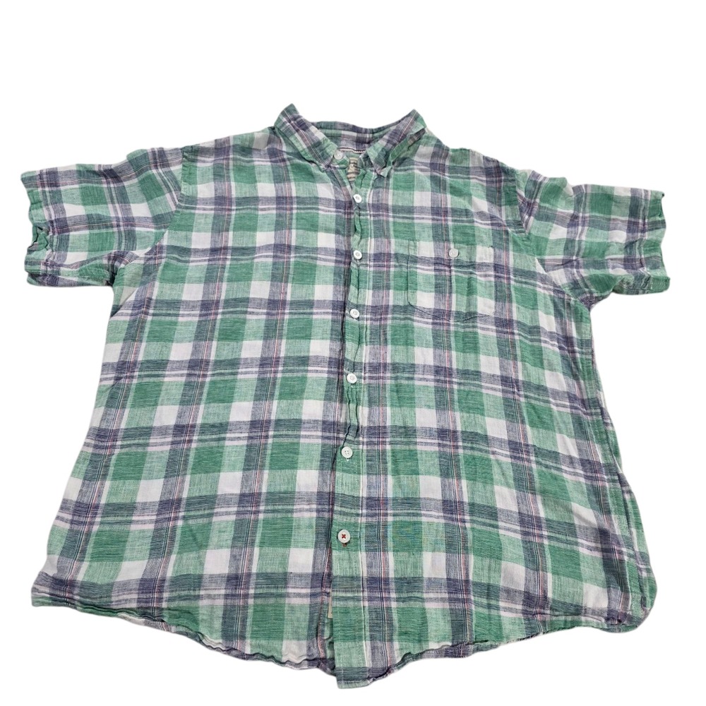Weatherproof Vintage Button Up Shirt Mens Green Blue XL Plaid Linen Button Down